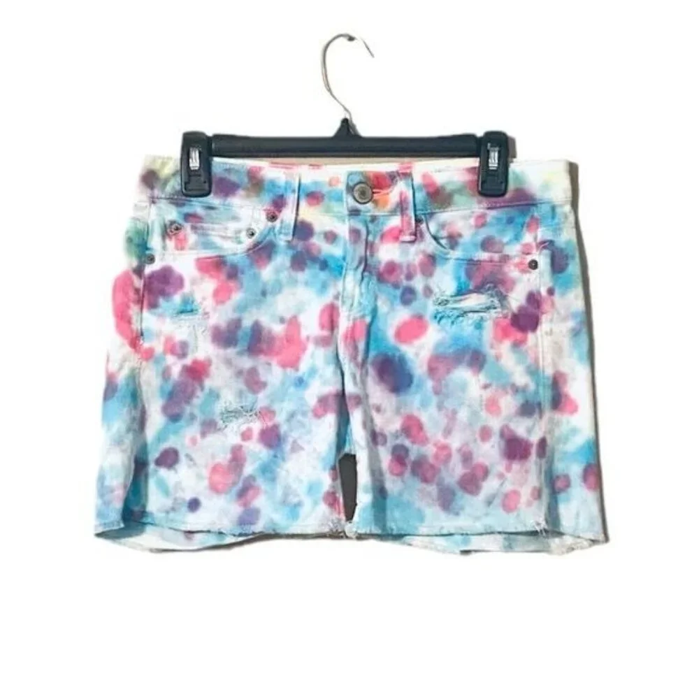 American Eagle Women's Tie Dye Denim Shorts Size 0 Boho Festival Colorfu…